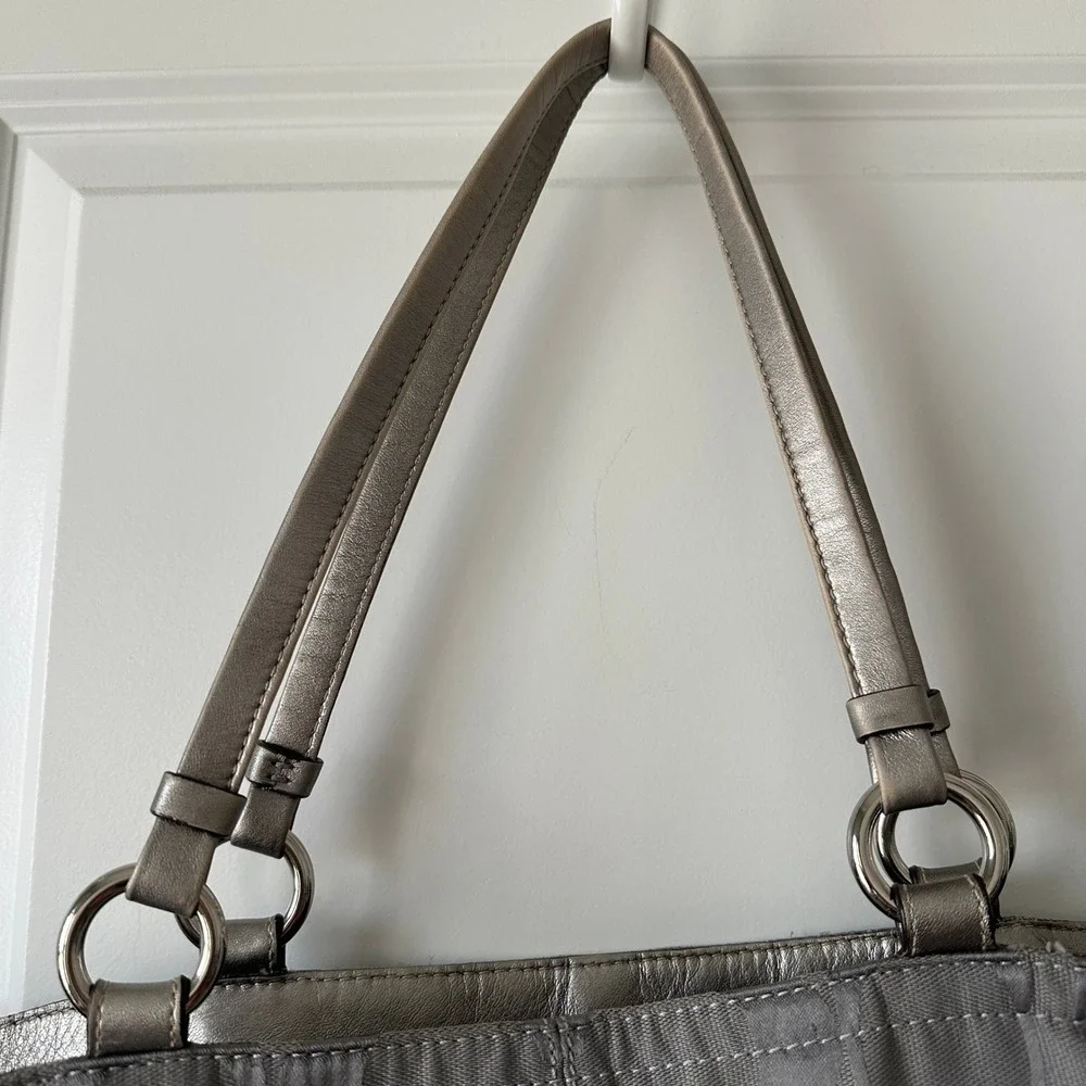Coach Signature Monogram Tote Bag Gray Silver Metallic Leather Trim Shoulder Bag